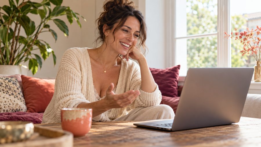 An adult enjoying a video conversation from the comfort of home
